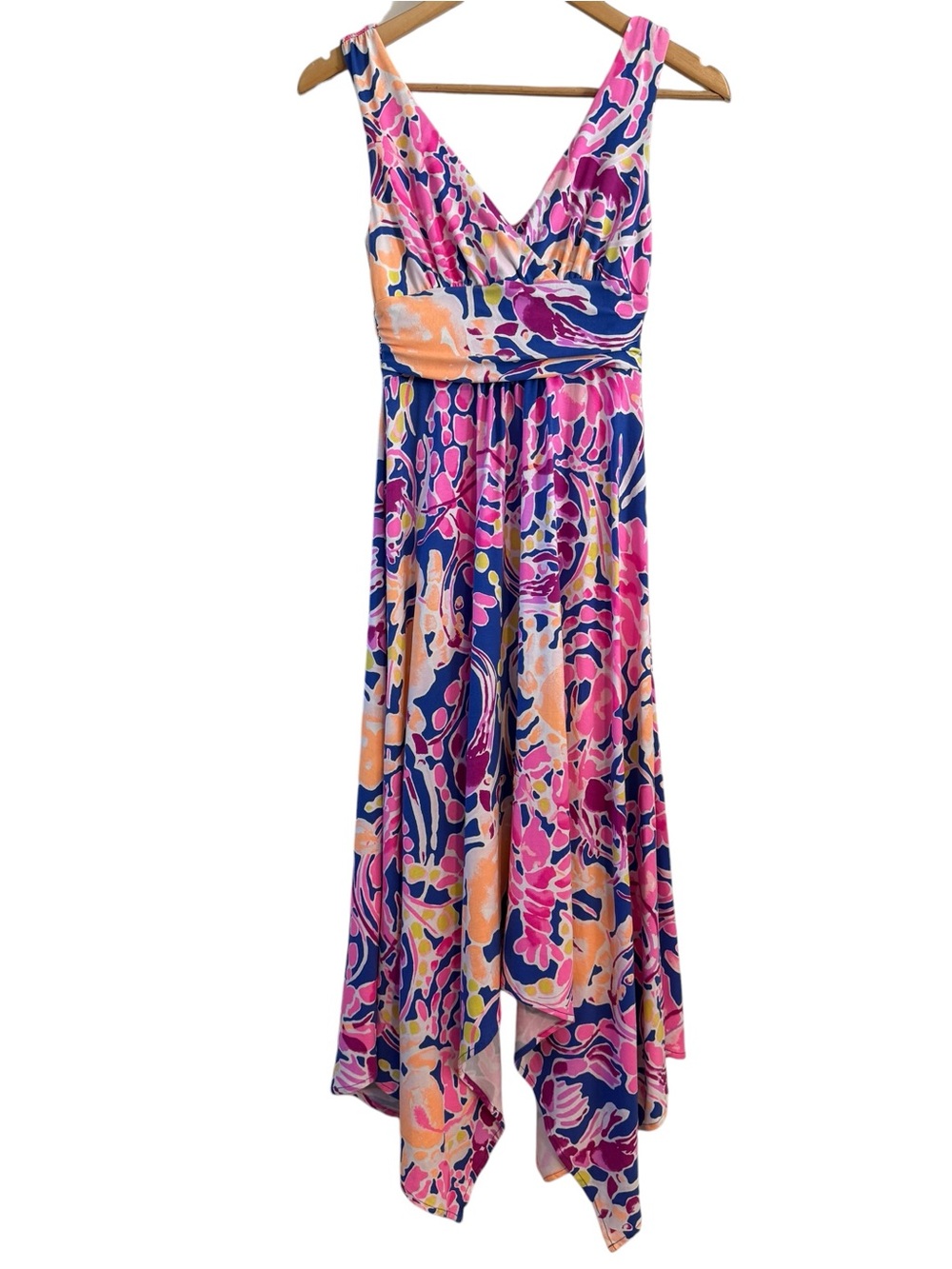 Lilly Pulitzer Sloane Midi Dress Handkerchief Hem Vibrant Pink & Blue Size XS